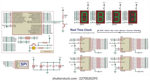 Vector schematic diagram of an electronic device on arduino.
Data transmission via the spi interface.
Real time clock on the basis of microcontroller and
seven-segment indicators. Array of capacitors