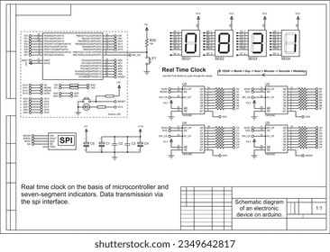 Vector schematic diagram of an electronic device on arduino.
Data transmission via the spi interface.
Real time clock on the basis of microcontroller and
seven-segment indicators. Array of capacitors