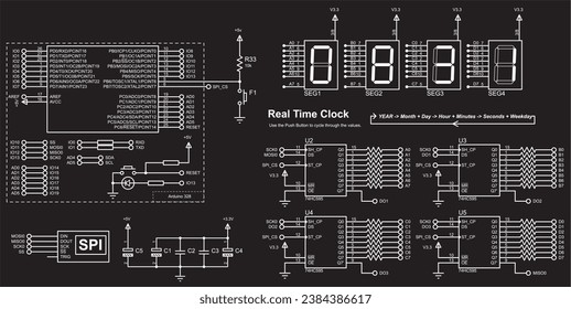 Vector schematic diagram of an electronic device on arduino.
Data transmission via the spi interface.
Real time clock on the basis of microcontroller and
seven-segment indicators. Array of capacitors