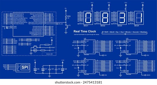 Vector schematic diagram of electronic device on arduino.
Data transmission via the spi interface.
Real time clock on the basis of microcontroller and
seven-segment indicators. Array of capacitors