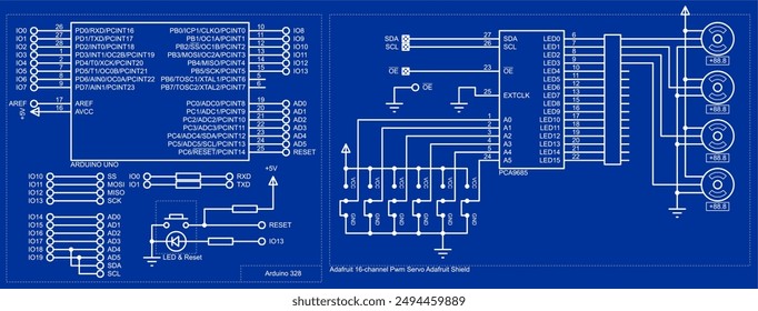 Vector schematic diagram of electronic device on arduino with
motors on sheet of paper. Drawing electrical circuit with
integrated circuit, resistor, microcontroller, led indicator,
other components.