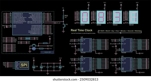 Vector schematic diagram of electronic device on arduino. Data transmission via the spi interface. Real time clock on the basis of microcontroller and
seven-segment indicators. Array of capacitors.