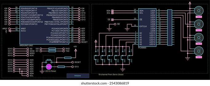 Vector schematic diagram of electronic device on arduino with
motors on sheet of paper. Drawing electrical circuit with
integrated circuit, resistor, microcontroller, led indicator,
other components.