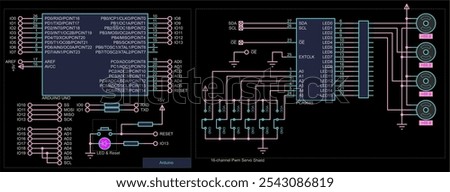 Vector schematic diagram of electronic device on arduino with
motors on sheet of paper. Drawing electrical circuit with
integrated circuit, resistor, microcontroller, led indicator,
other components.