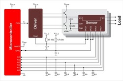 Vector schematic diagram of sensor connection 
to microcontroller. Drawing of electrical circuit with driver,
resistor, capacitor, transistor, other components.
Block scheme of electronic device.