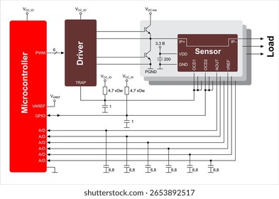 Diagrama esquemático vetorial da conexão do sensor 
ao microcontrolador. Desenho do circuito elétrico com o condutor
resistência, condensador, transístor, outros componentes.
Bloquear esquema de dispositivo eletrônico.