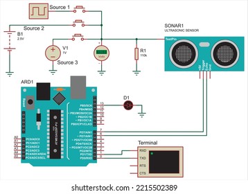 Vector schematic diagram of the training board for processing keystrokes and displaying information on the terminal. Educational printed circuit board with connected to it  an ultrasonic sensor.