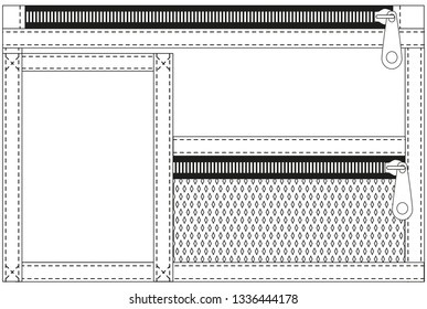 Vector schematic drawing of a set of pockets with a grid and zipper. Technical drawing, sketch image, EPS 8.