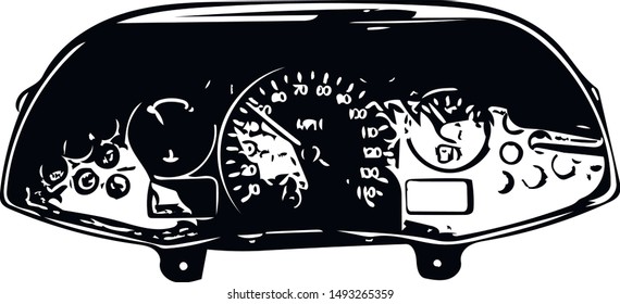 Vector schematic illustration of a car dashboard. Black outline.