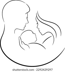 Vector schematic image - a family with a child (dad, mom and baby). Vector illustration (sketch) in the form of one line without background. The emotion of family warmth and love