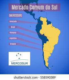 Vector schematic map and emblem of Southern Common Market (MERCOSUR).