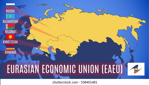 Vector. Schematic map of the member states of the Eurasian Economic Union (EAEU).  Russia, Belarus, Kazakhstan, Armenia and Kyrgyzstan flags.