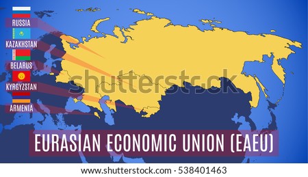 Vector. Schematic map of the member states of the Eurasian Economic Union (EAEU).  Russia, Belarus, Kazakhstan, Armenia and Kyrgyzstan flags.