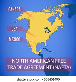 Vector schematic map of the North American Free Trade Agreement (NAFTA).