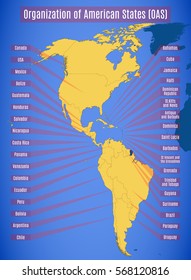 Vector schematic map of the Organization of American states (OAS).