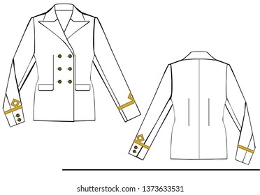 vector schematic woman jacket with pockets and long sleeve. Clothes image  outline for coloring. Item of blazer clothing. female suit blazer