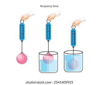 Esquema vetorial do princípio de flutuabilidade de Arquimedes, lei da física. Força flutuante, gravidade, peso do objeto, densidade do fluido e objeto. Medição da densidade. Recipiente com fluido e objeto.