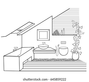 Vector scheme of chic minimalist bathroom in the attic with window with wooden boards, pebbles and flowers, in black lines on a white background