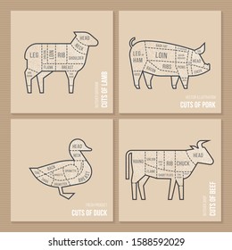 The vector scheme cuts sheep, pork, duck and beef in a hand-drawn illustration in a vintage style for a butchers menu or restaurant.