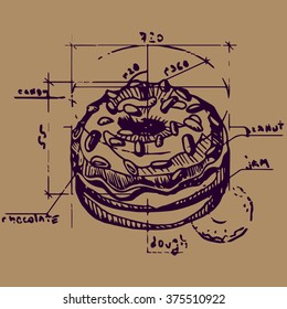 Vector scheme of a donut construction. Contour illustration in retro style. Old paper imitation.