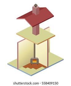 Vector scheme of Fire place and chimney. 3d scheme of building with floor, roof, walls
