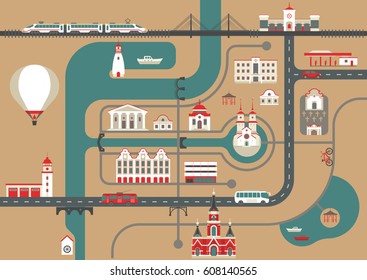 Vector scheme of a nonexistent town with various buildings, bridges, churches and transport on beige cardboard background. City map constructor.