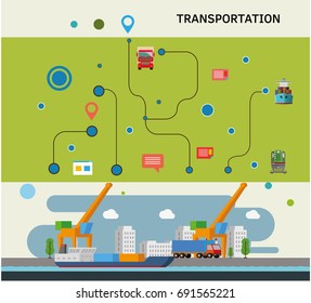 Vector scheme transport flat town with various buildings.