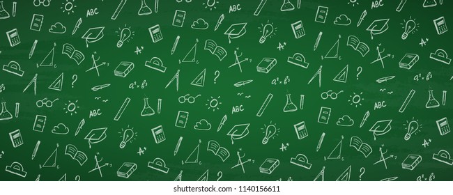 Vector School backdrop with hand drawn doddles supplies on chalkboard background