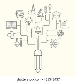 Vector school background, black on white. Education pattern with modern line style icons.