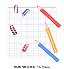 vector school background, paper clips, red, yellow and blue pencils , sheet of paper