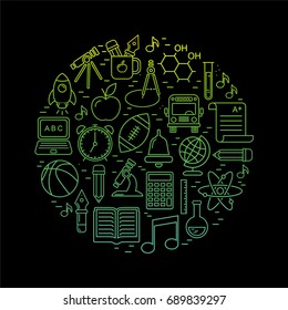 Vector school background with place for text. Education round shape pattern with modern bright line style icons on black. Back to school illustration.