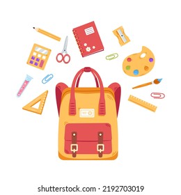 Vector school backpack with school supplies. School supplies flying over the schoolbag. Back to school.