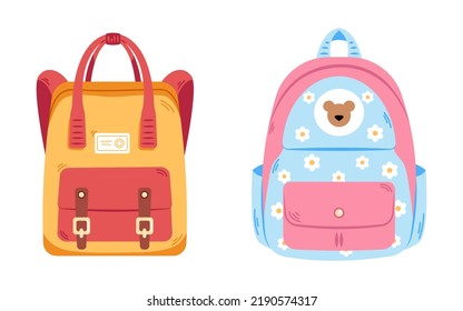 Vector school backpacks. Back to school. Schoolbags and rucksacks. Red and yellow bag. Pink and blue bag with with floral print. Cute school accessory. Flowers.