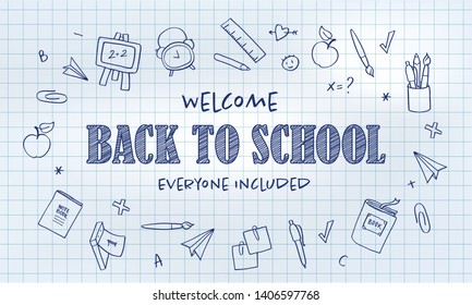 Vector school banner template. Welcome back to school everyone included blue text and education icon set on cage notebook. Concept of inclusive education. Design for schools, courses, colleges. EPS10.