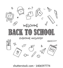 Vector school banner template. Welcome back to school chalk everyone included text and education icon set on white background. Concept of inclusive education. Design for schools, courses, colleges.