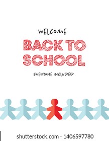 Vector school banner template. Welcome back to school everyone included red text and paper people on white background. Design for inclusive education schools, courses, colleges. EPS10 illustration.