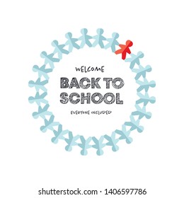 Vector school banner template. Welcome back to school everyone included text in circle frame of paper people on white. Design for inclusive education schools, courses, colleges. EPS10 illustration.