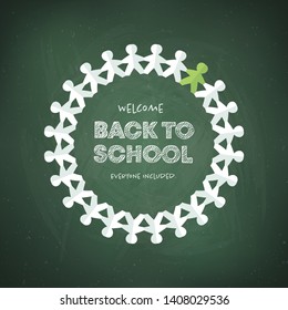 Vector school banner template. Welcome back to school chalk everyone included text and paper people on chalkboard. Design for inclusive education schools, courses, colleges. EPS10 illustration.