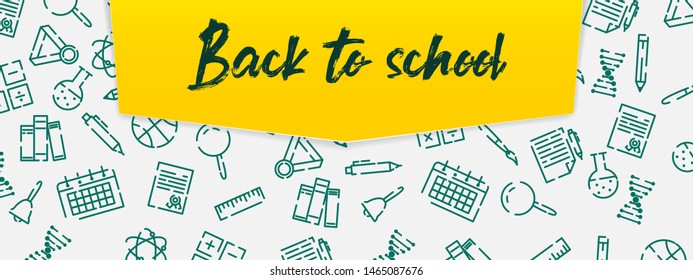 Vector school banner template. Welcome back to school text and education icon set on green chalkboard. Concept of inclusive education. Design for schools, courses, colleges.