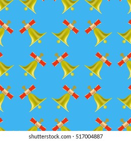 Vector School Bell Seamless Pattern on Blue Background.