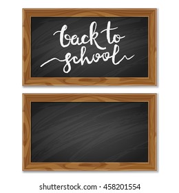 Vector school black chalkboard isolated on white background. Back to school hand drawn calligraphy lettering. Design elements for poster, banner, flyer backgrounds. Education concept.