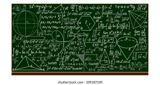 Vector school blackboard with handwritten mathematical calculations