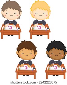 A vector of school boys with multiple skin tones