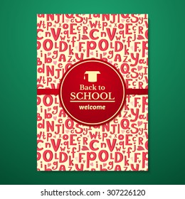 Vector school brochure with cartoon alphabet on green school board background