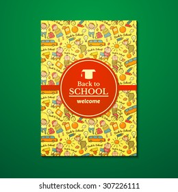 Vector school brochure with cartoon children on green school board background