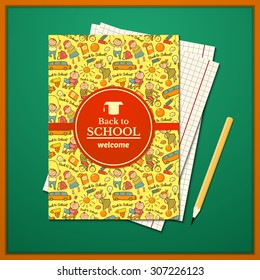 Vector school brochure with cartoon children, two sheets of notebook paper and pencil on school board background