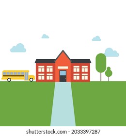 vector school building. flat image of school and school yellow bus nearby