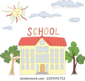 Ilustración de la construcción de vectores escolares con árboles, autobuses, nubes y sol, Ilustración infantil suave.