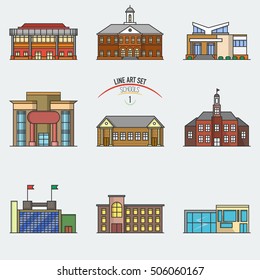 Vector school buildings set in linear style. Line icons collection with buildings of school of different architecture forms isolated.