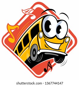Vector school bus cartoon style character with music notes on red background, vector logo design.